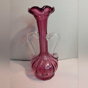 Beautiful Vintage Cranberry Glass Vase Ruffled Rim. Great Condition